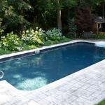 18x36' Rectangle with Black Granite Liner.  Swim Lounge placed on far end. Stamped Concrete Deck