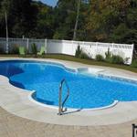 20x41' Mountain Pond, Stone Braid Prism Liner.  10' Roman Stair in White with White Standard Coping.  3' Concrete Patio, surrounded by Pavers